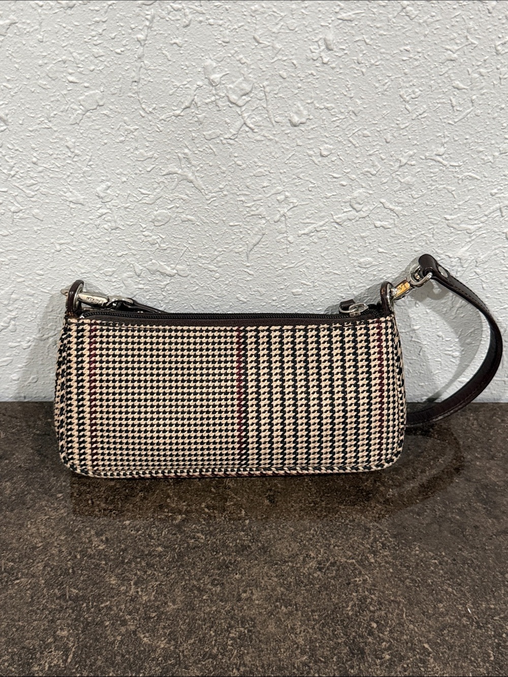 Vintage Y2K Ralph Lauren Brown Plaid Houndstooth Small Shoulder Bag Baguette - Picture 4 of 16